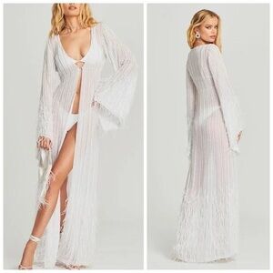 NWT Retrofete Nasreen Kimono Robe Duser White Sequin Pearl Feather Size Small